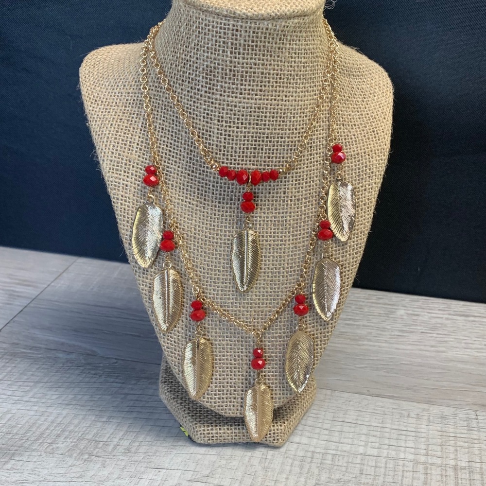 Gold Tone Layered Leaf Necklace Red Beaded Boho Multi Strand Statement 5149